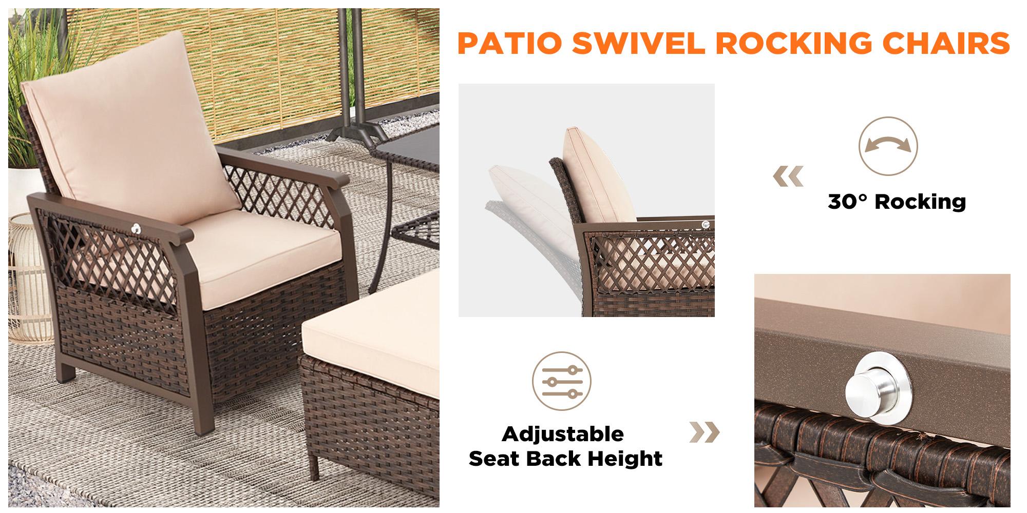 EROMMY Patio Furniture Swivel Chair Set - 6 Piece Outdoor Rattan Set with Sofa Air Chair Footstool & Side Table for Garden Backyard Porch Brown Khaki Beige Grey