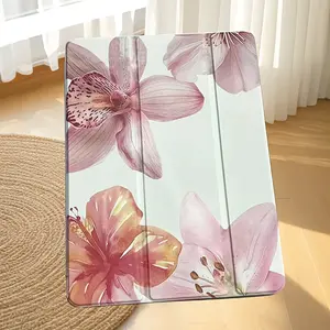 1pc Light Pink Floral Tri-Fold Stand with Pencil Holder, Anti-Fall Protection for iPad Case, Foldable Non-Slip Adjustable Kickstand, Flexible Hybrid Cover, Compatible with for ipad Air 4th/5th (10. 9 inches), for iPad 7/8/9th (10. 2 inches) 5th/6th/Air 1/