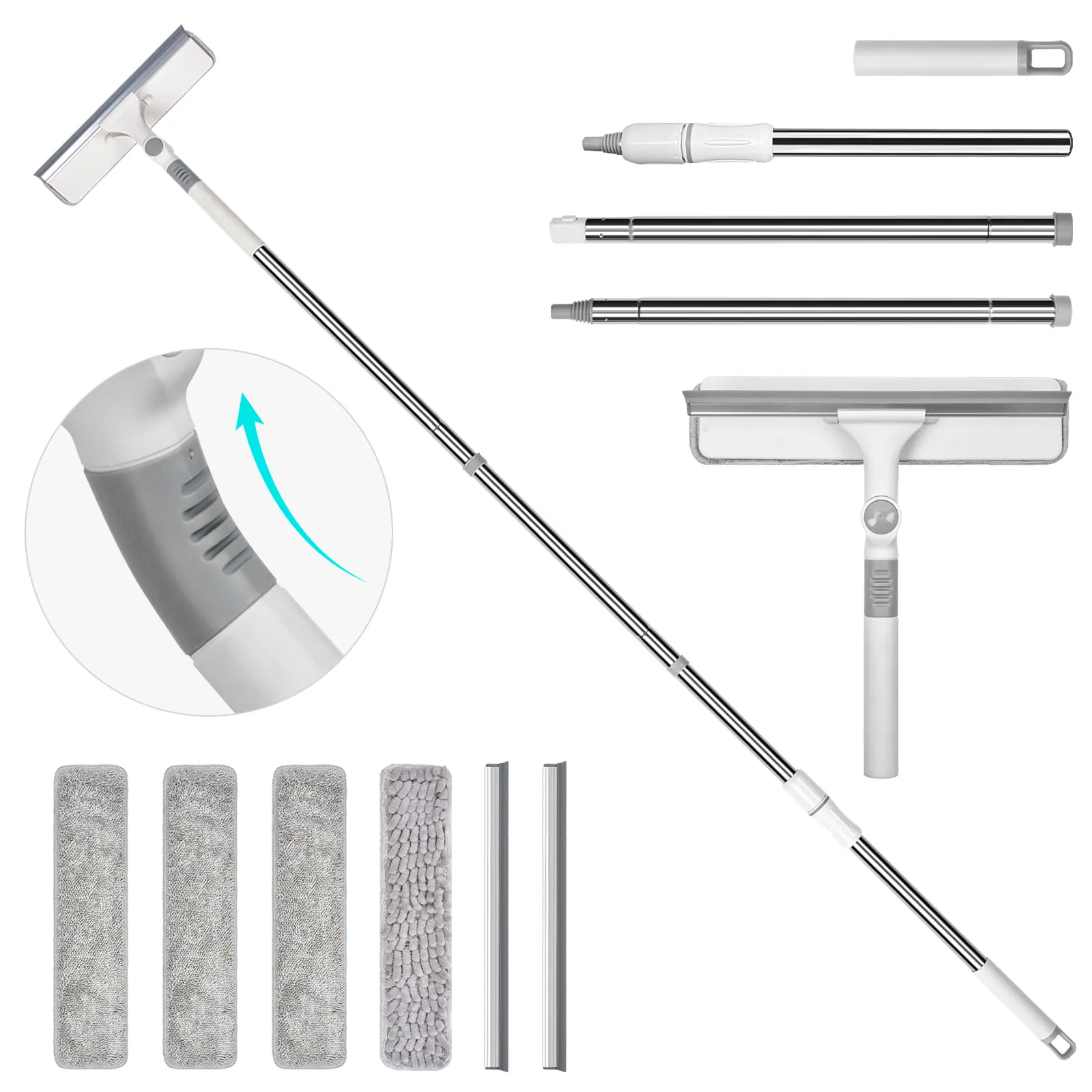 2-in-1 Rotatable Squeegee Window Cleaner with Extension Pole Flexible Hands-Free Glass Cleaning Tool- Window Cleaning Kit for Homes Cars & High Windows Includes 4 Pads 2 Squeegee Blades Easy Cleaning Double Sided Scrubber