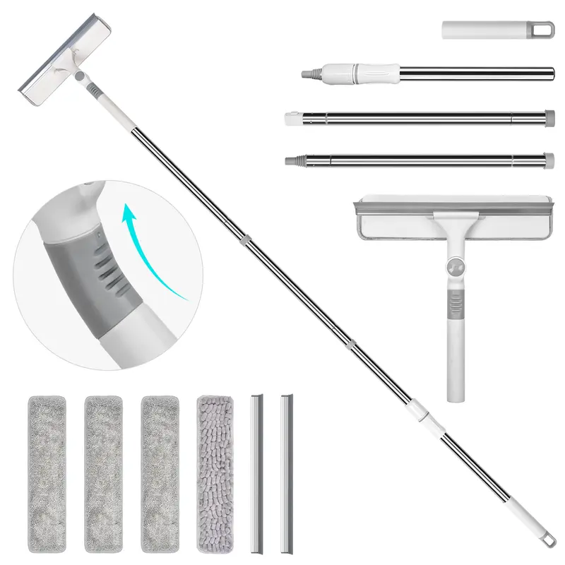 2-in-1 Rotatable Squeegee Window Cleaner with Extension Pole Flexible Hands-Free Glass Cleaning Tool- Window Cleaning Kit for Homes Cars & High Windows Includes 4 Pads 2 Squeegee Blades Easy Cleaning Double Sided Scrubber