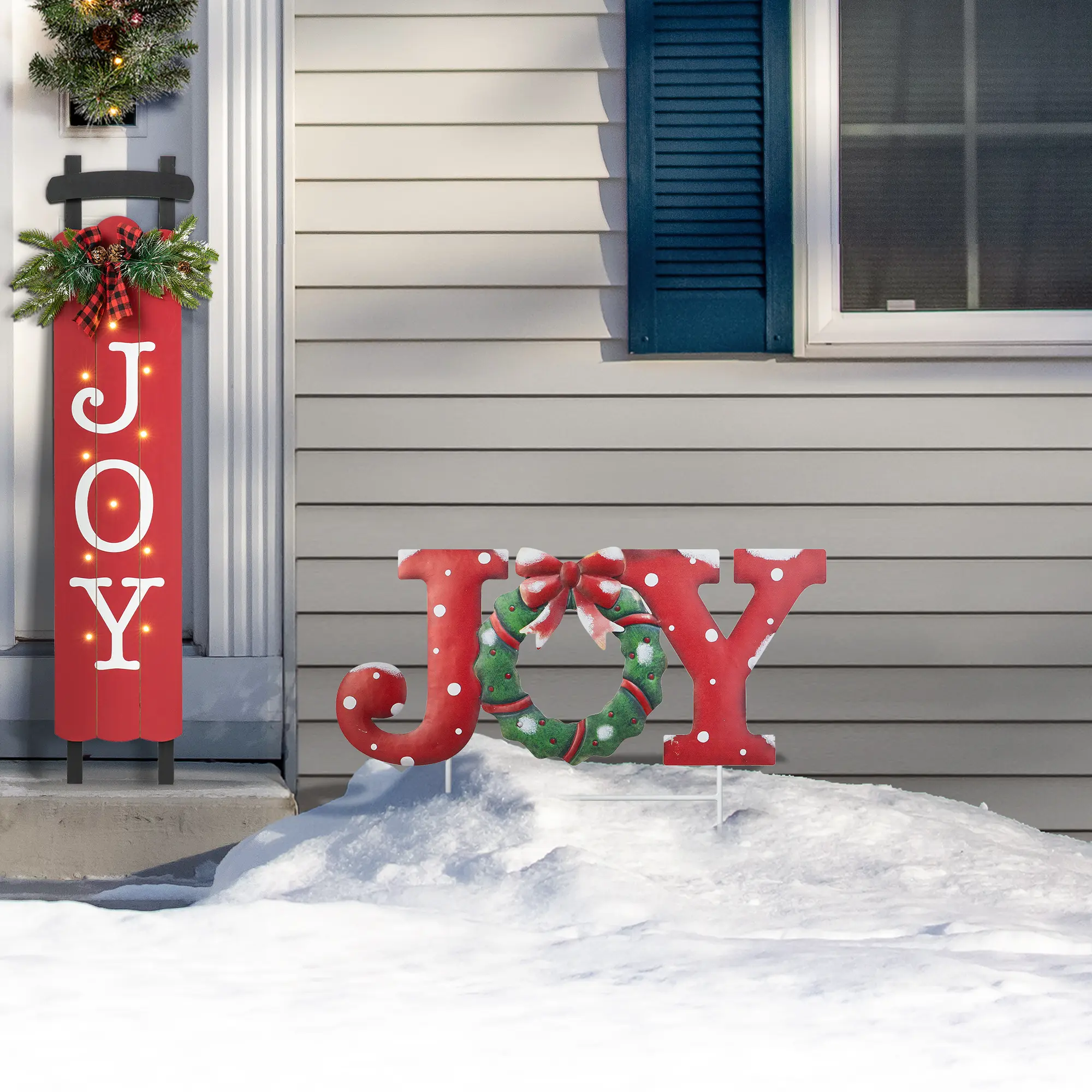 Glitzhome 23.75in Metal Traditional Christmas "JOY" Letter Display Yard Stake (KD) - Festive Decor Ornaments for Outdoor Brightening, 23.75 Inches