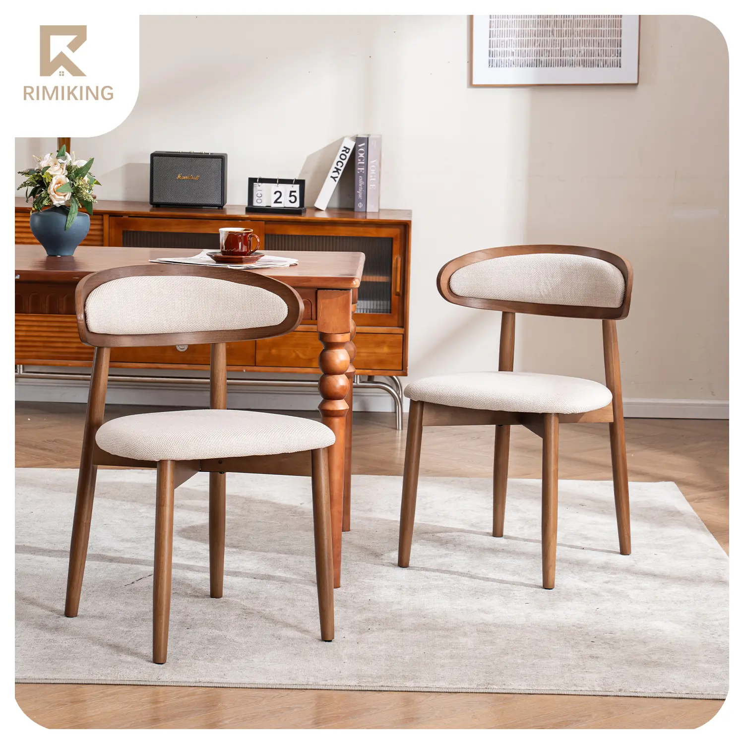 RIMIKING Upholstered Wooden Dining Chair Set (1 Carton 2 Pcs), Indoor Furniture Chairs, Breathable Fabric Seat, Curved Back, Sturdy Rubberwood Legs, 6870, Father's Day Gift