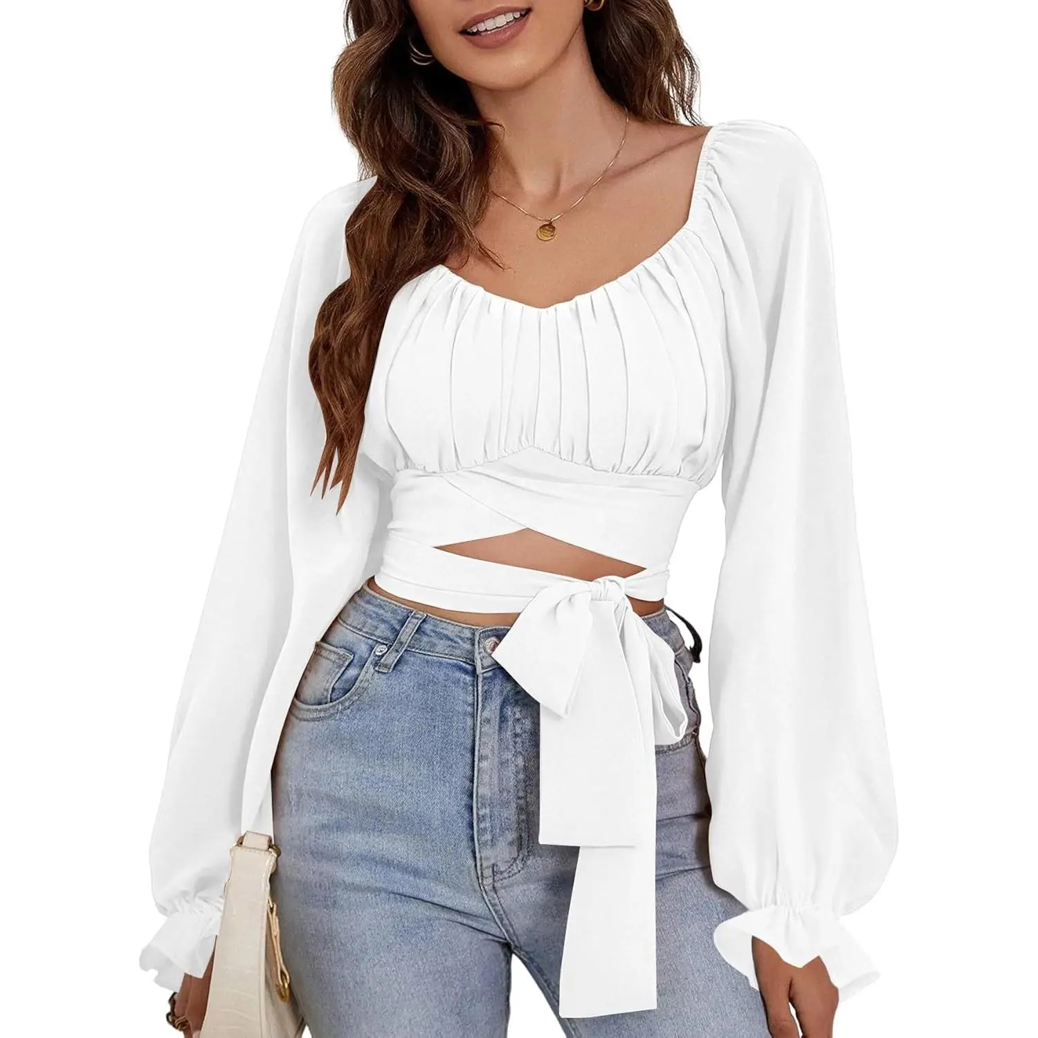 Women's Square Neck Ruched Blouse with Flounce Long Sleeves, a Comfy Casual Cotton Blend Self-Tie Top and Cute Shirt for Layering Outfits