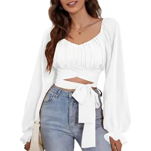 Women's Ruched Wrap Square Neck Flounce Long Sleeve Self Tie Crop Top Womenswear Baby Blue Basic Fitted Minimalist Short Casual Boho Soft Casual Cute