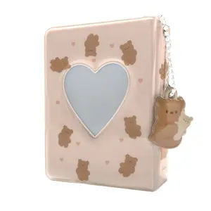 3 Inch Mini Photo Album, Heart Hollow Card Binder Photo Album Photo Card Holder with Pendant 40 Pockets (beige bear) Decor Gift