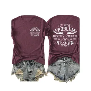 Women's Fashion Streetwear Style Lady T-Shirt - Double-Sided "If I'm the Problem, Reason" Slogan, Blend Fabric with Problem-Solution Symbols, Casual Short Sleeve Round Neck Top for Couples Matching, Unique Gift for Enthusiasts