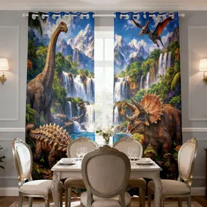 2-piece Jurassic dinosaur themed curtains, Home Decoration Curtain, Brachiosaurus Triceratops Wing Dragon Print Filter translucent, machine washable, suitable for living rooms, bedrooms, kitchens, etc.