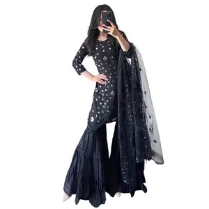 Midnight Black Luxury Garara Set Workwear Traditional Party Elegant Top