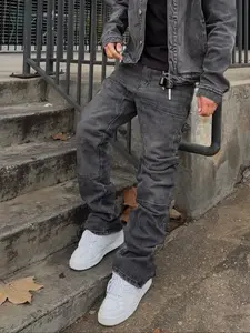 Men's Washed Solid Elastic Patchwork Slim Fit High Street Korean Style Denim Jeans Pants, Casual Friday Jeans, Casual Loose-Fit All Season Wear, Dark Wash Jeans