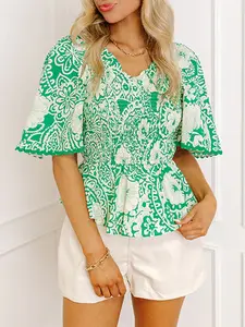 Women's Green Flirty Floral Smocked V Neck Blouse Short Flutter Sleeve Peplum Top Casual Ruffle Trim Boho Summer Shirt Chic Smocked Waist Blouses Elegant Flowy Smock Backless Dressy Tops Going Out Vacation Clothes