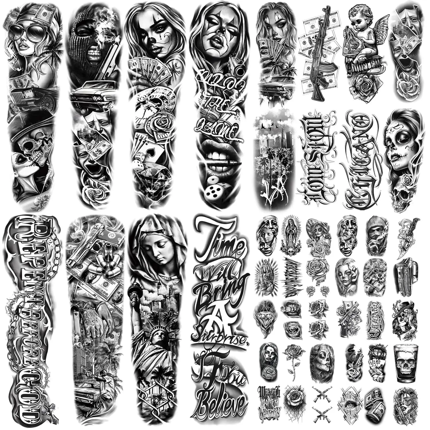 Yazhiji 46 Waterproof Temporary Tattoos For Adult, Chicano Large Full Arm Fake Tattoo Guadalupe Gangster Day of the Dead, Lowrider Style Culture Mexico Clown Tattoo Stickers for Men Women