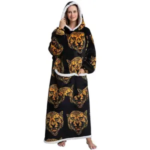 Cute Alpaca/Penguin Print Hoodie Blanket, 320GSM Oversized Wearable Hooded Sweatshirt Pullover, Breathable Nightgown with Big Pocket, Unisex Fit Plush Blankets, Long Sleeve Hoodie Blanket, Cozy Hooded Blanket, Christmas Gift Ideas, Stocking Stuffers