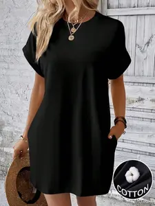 Solid Hidden Pocket Batwing Sleeve Tee Dress - Casual Comfort