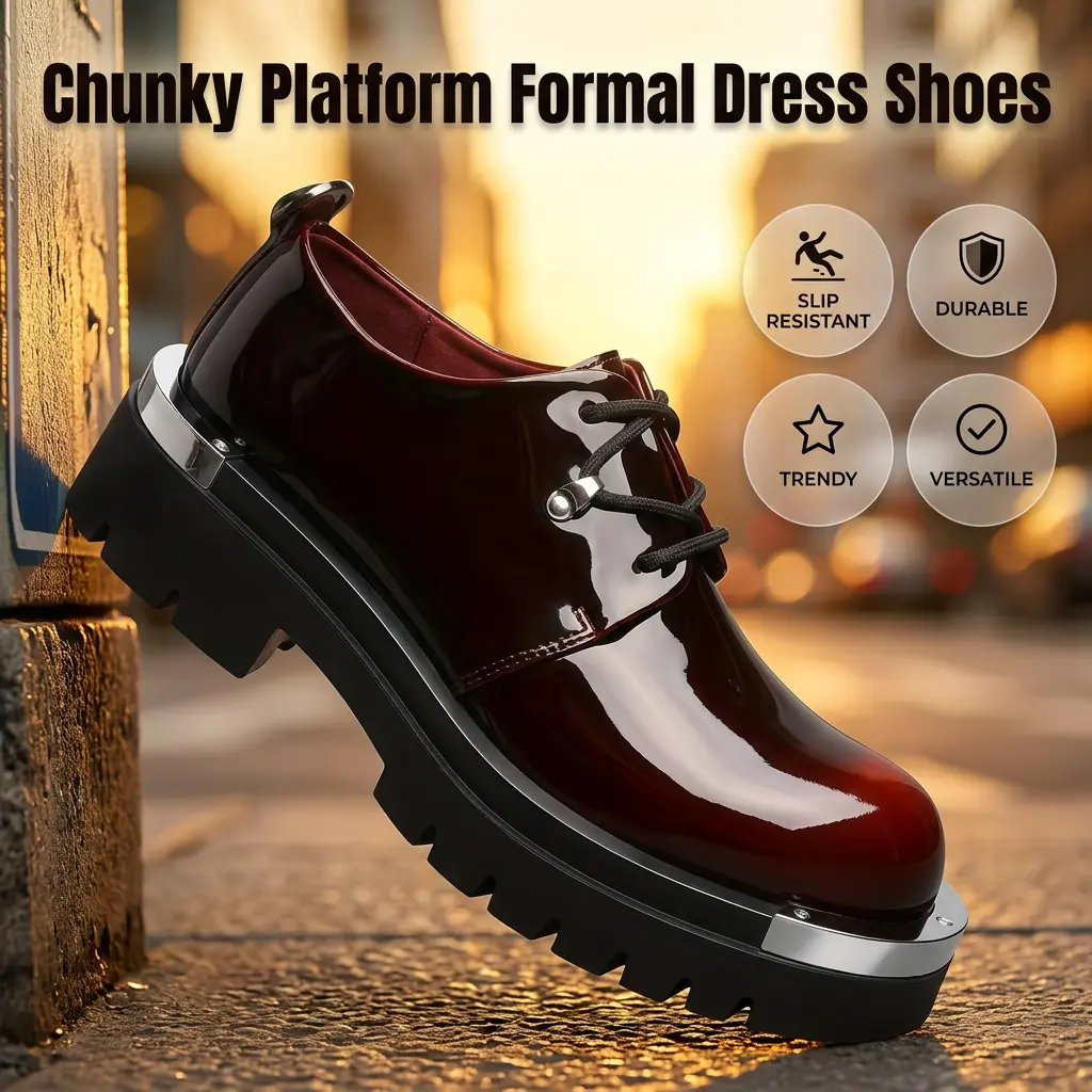 Men’s All-Black Below-the-Ankle Formal Footwear - Refined Glossy Pointed-Toe Dress Shoes, Thick Platform Sole, Non-Slip Design, Suitable for Office, Business Casual, Weddings, All-Black Formal Shoes, Business Casual Formal Shoes