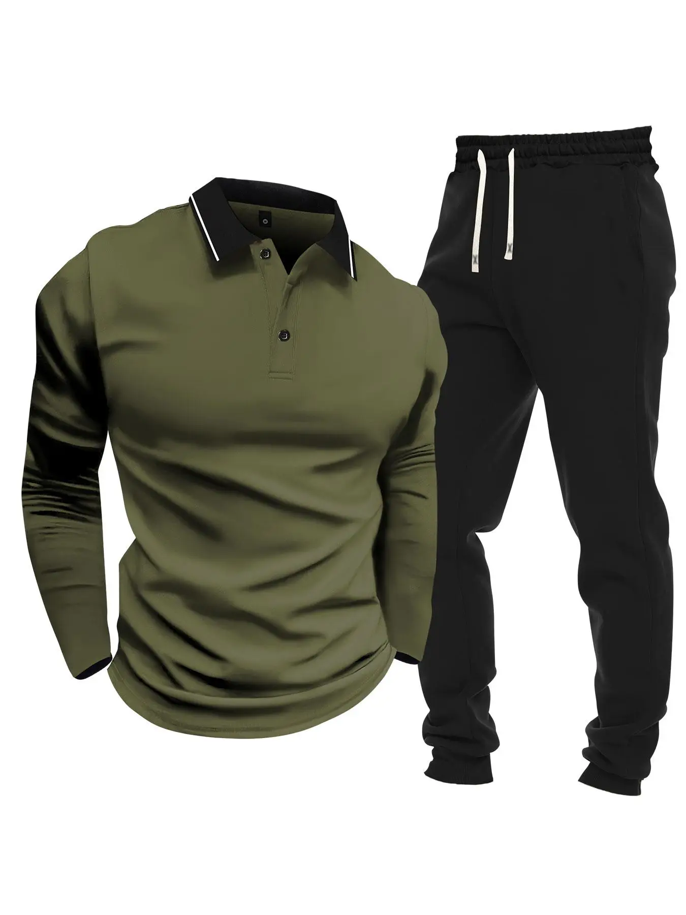 Men's Plain Button Front Polo Shirt & Drawstring Waist Pants Set, Regular Fit Long Sleeve Collared Top & Jogger Pants, Men Two-piece Outfits for Sprin
