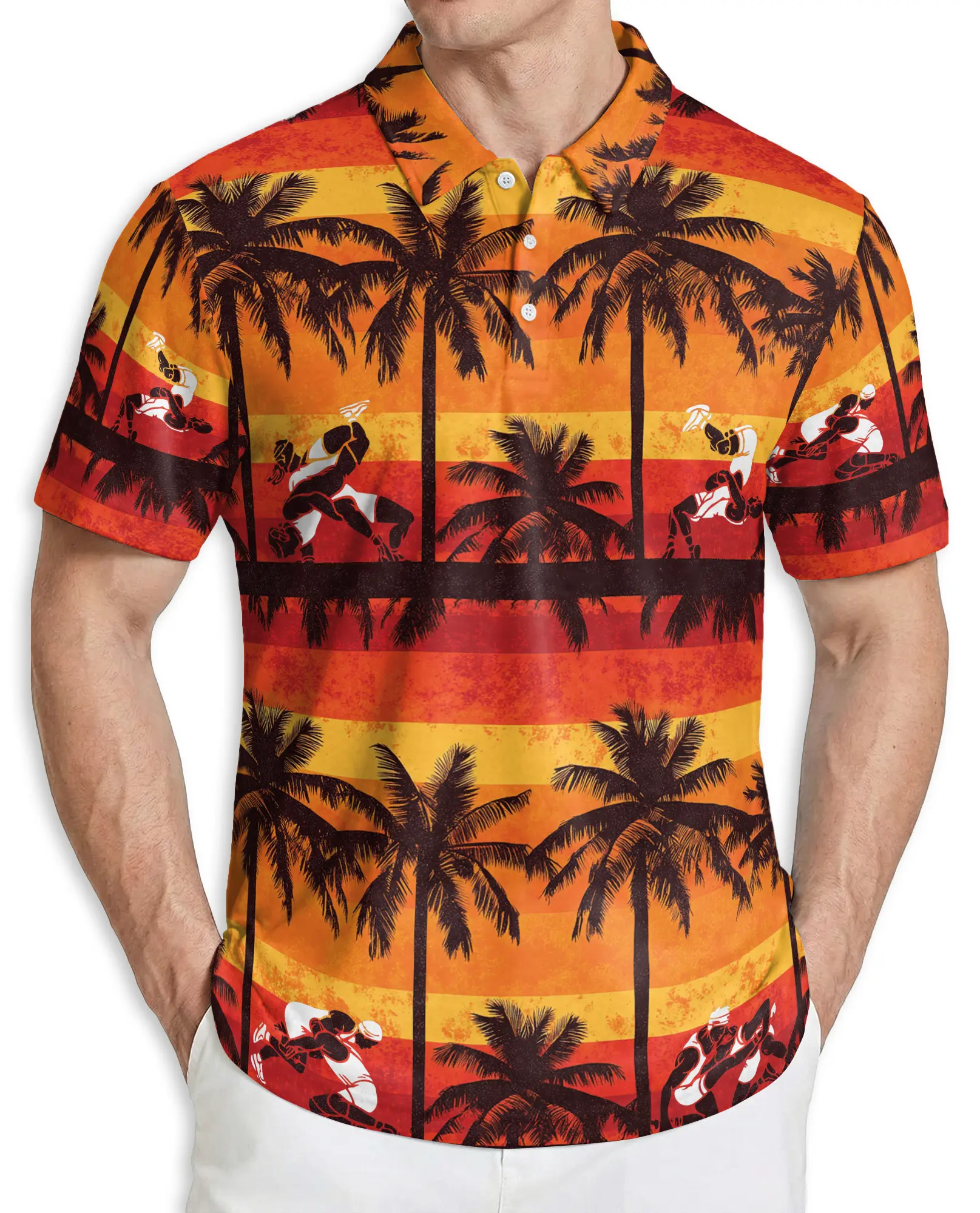 Wrestling Time Sunset Palm Tree Polo Shirt for Men, Fun Hawaiian Style, Casual Shirt for Summer