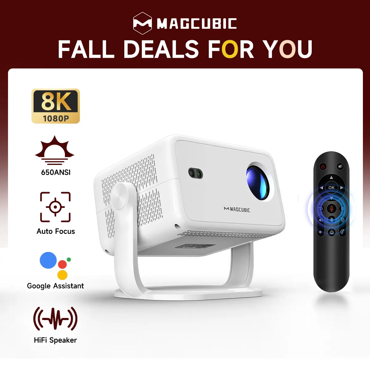 [US warehouse] Magcubic L018 Auto Focus Projector 650ANSI Google Assistant Android 14.0 8K Videosource Supported Native 1080P Wifi6 BT5.2 Built-in HiFi Speaker Allwinner H726 Auto Keystone Portable Movie Outdoor #tiktokshopstockup