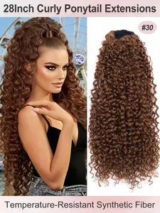 Synthetic Ponytail 28inch Long Curly Wave Drawstring Ponytail Afro Curly Fluffy HairPieces Extension Heat Resistant Clip in Ponytail Wigs For Women Girl Daily Use Glueless Deep Wave Fashion Fluffy Wigs