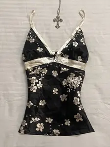 American Retro Chic Satin Floral Halter Top, V-Neck Trimmed Chest Bow Design, Adjustable Thin Straps, Youthful Daily Wear, Party, Vacation