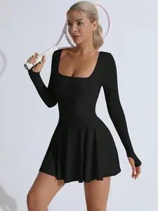 Women Seamless Knit Sports Pocket Dress, Solid Cross-Back Design, Long Sleeve Tennis Dress, Indoor/Outdoor Sports/Yoga, Skin-Friendly Fabric, Form-Fitting Shaping