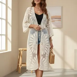 Womens Long Floral Beach Lace Cardigan Bathing Suit Cover Up 3/4 Sleeve Mesh Swimsuit Coverup