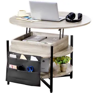 VEVOR Lift Top Coffee Table,  35.3 in Round Coffee Table with Extra Storage Pockets, Pop Up Coffee Table for Living Room, White