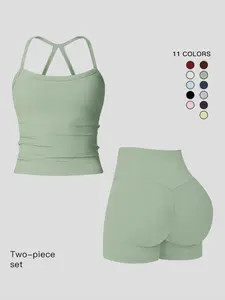 Women's Quick-Dry Two-piece Set, Solid Backless Cami Top & High Waist Tummy Control Butt-Lifting Shorts, Ladies Sportswear, Sports Fitness Wear, for Indoor Outdoor Wear, Yoga Gym Running Wear, Yoga Clothes Set