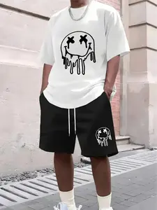 Stylish Breathable Men's Casual Round Neck Tee with Pocket Shorts, 100% Polyester Knit Material, Melted Smile Graphic Design