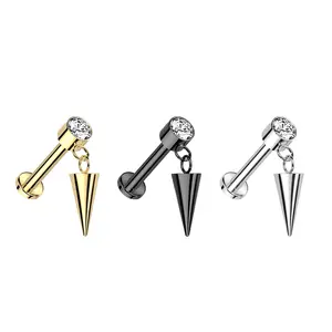 Labret Flat Back Stud 16G Internally Threaded Titanium Bezel set CZ studs Cone Spike Dangle Earrings Cartilage Piercing Jewelry 6mm-8mm