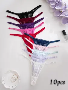 Women's Low Waist Lace Thong Panties, Sexy Fitted Design, Moderate Fabric Thickness, All Seasons Wear, Pack of 7 or 10 Pieces