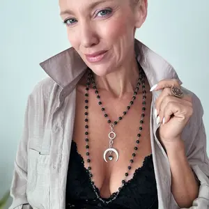 Grateful Crescent Moon Long Rosary Chain Necklace 50" 6mm Beads Gold/Silver Finish Black Howlite Pearl Accents Magnetic Clasp Crystal Pendant