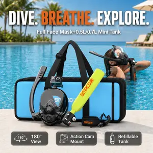 SMACO 0.5L Mini Scuba Tank with Full Face Snorkel Mask Kit - DOT Certified Reusable Diving Cylinder, 180° Panoramic View, 6061 Aviation Aluminum, 3-Layer Filtration, Action Camera Mount for Snorkeling & Underwater Photography
