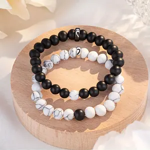 2025 2Pcs/Set Couple Black And White Turquoise Beaded Bracelets With Heart Stainless Steel Charm, Elastic Stretch, Festival Gift Jewelry