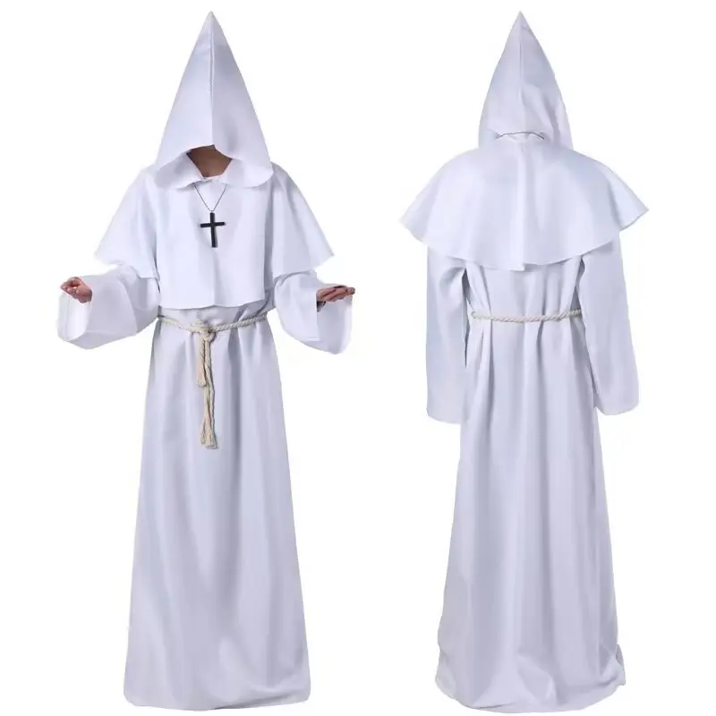 Halloween Monk Costume Aldult Men Medieval Priest Friar Robe with Hood Rope Belt Cross Necklace Boys Girls Renaissance Cosplay Dress Up Outfit Childrens Historical Cloak Gown School Play Attire Halloween Gift
