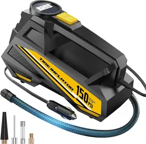 FLYKID Tire Inflator Portable Air Compressor- 12V DC Air Pump for Car Tires with 150PSI LCD Digital Gauge & Emergency LED Light,Auto Tire Pump for Cars,Motorcycles,Bikes,Balls (Yellow, Large)