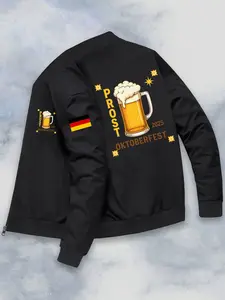 Men's Casual Baseball Jacket, German Flag Design, Back Letter Pattern, Zip Closure, Versatile Outerwear, Urban Style