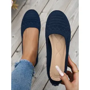 Fashionable Comfortable Low-Top Flat Single Shoes, Round Toe Knit Shoes, Elegant Walking Shoes for All Seasons, Textile Upper, PU Leather Sole