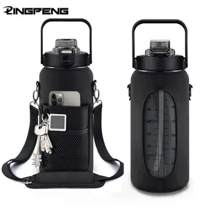 2000ML Large Capacity Sports Water Bottle with Time Markings, Leak-Proof Design, Insulated Sleeve, Hand & Shoulder Strap Carry, Travel Water Bottle