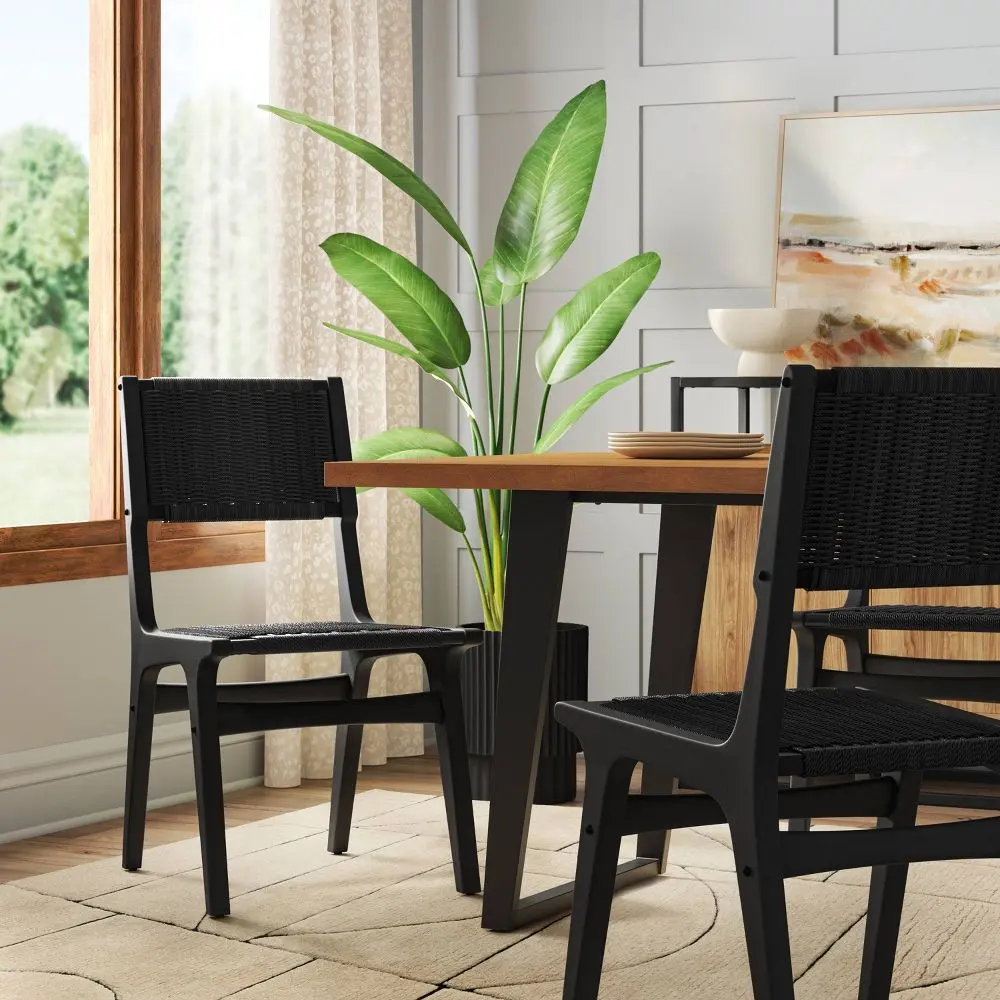 Ceylon Woven Dining Chair Black (FA) - Threshold: Rubberwood Frame Metal Hardware No Assembly Required