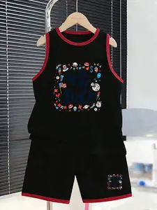 Boys' Independence Day Tank Top and Shorts Set, Cartoon Pattern, Loose Fit, Perfect for Parties and Outdoor Activities
