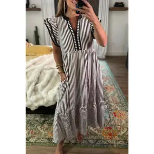 Black Stripe Double Ruffled Short Sleeve Contrast Trim V Neck Midi Dress