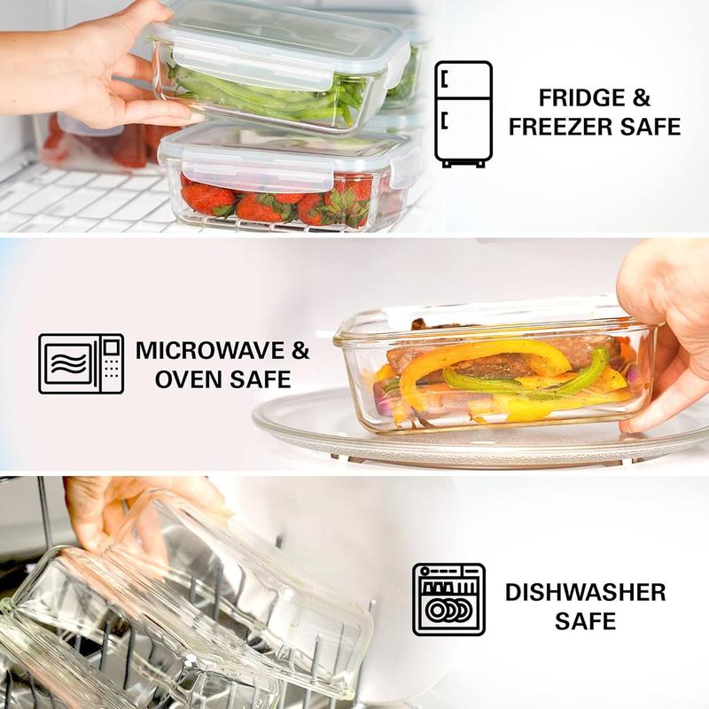 4-8-10 Pack Glass Meal Prep Containers - Oven to Fridge Safe, BPA Free & Leakproof Square Lunch Boxes, Stackable, Dishwasher Safe with 4 Bowls 4 Lids