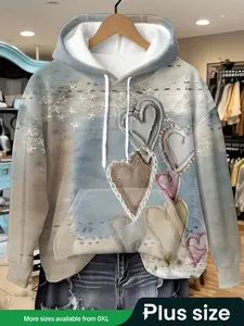 Plus Size Women's Heart Print Cute Sweatshirt, Casual Long Sleeve Pullover, Comfortable French Terry Fabric, Fall & Winter Fashion
