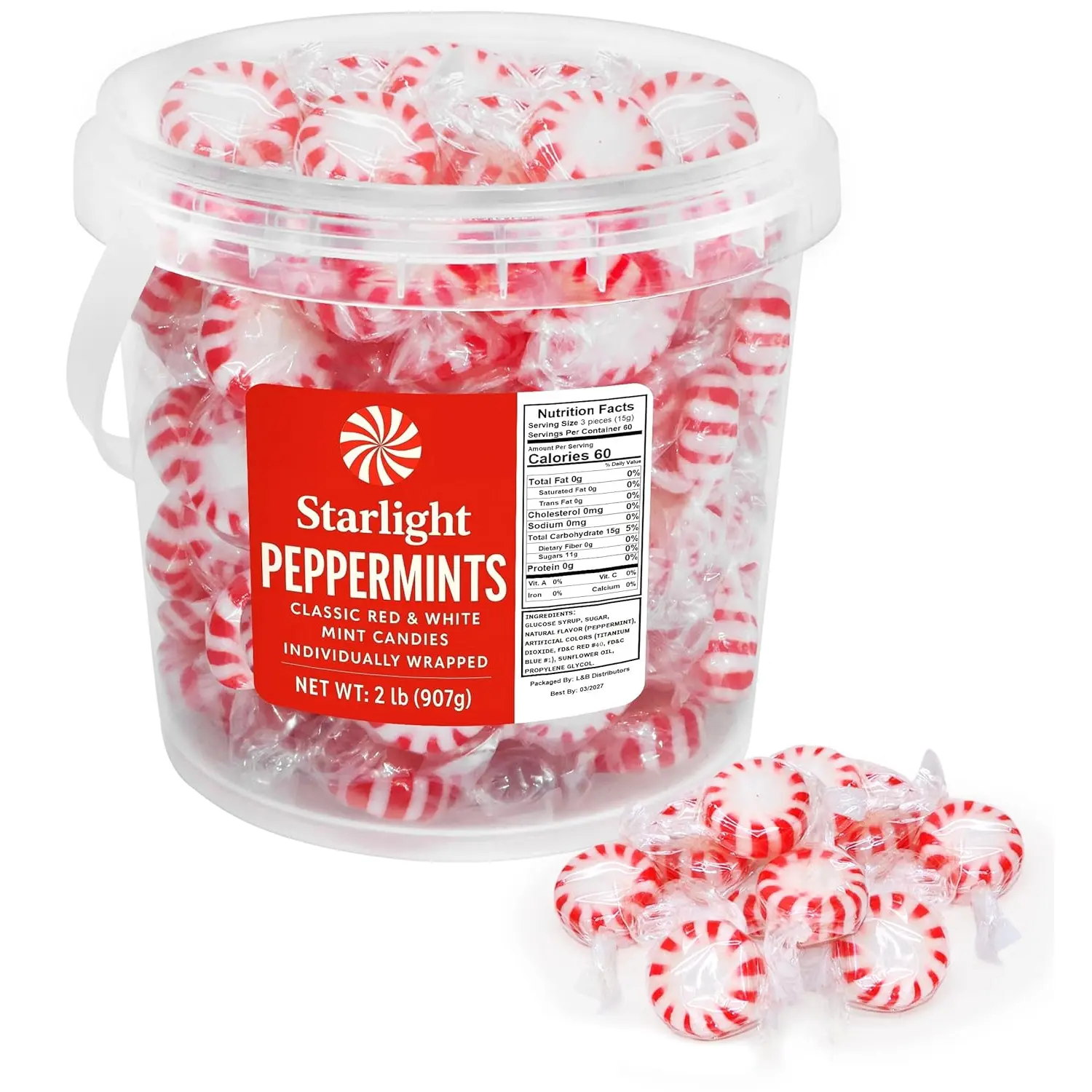Starlight Peppermint Candy 2 Pound Bucket - Bulk Individually Wrapped Hard Mint Candies - Classic Red & White Peppermint Mints for Candy Bowls, Offices, Parties & Holiday Treats (Approx 160 Pieces)
