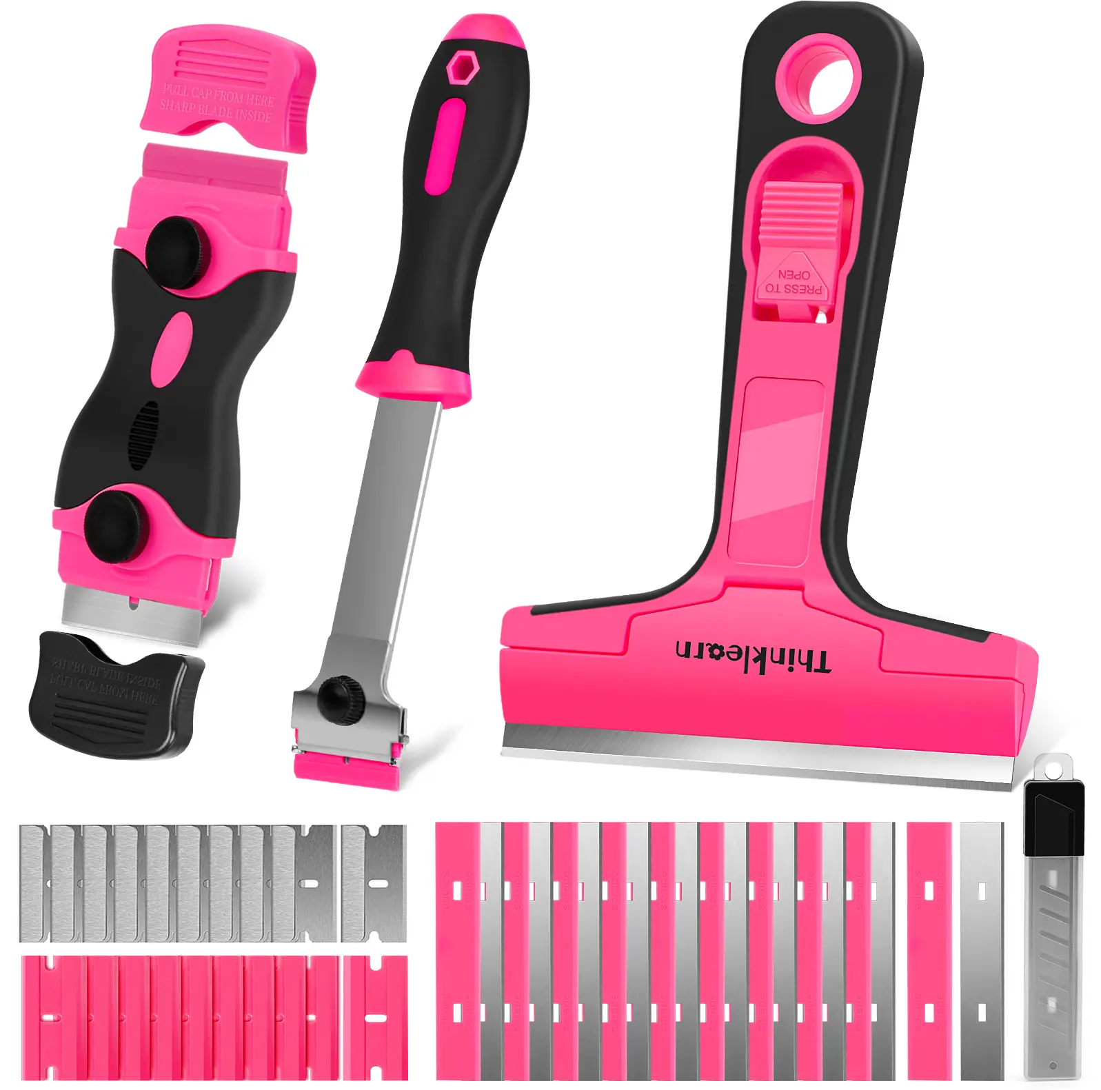 THINKLEARN3-in-1 Scraper Tool Set, 3-Pack Pink Razor Scrapers with 40 Replacement Blades, Ideal for Removing Stickers, Adhesive, Caulk, and Cleaning Glass Surfaces