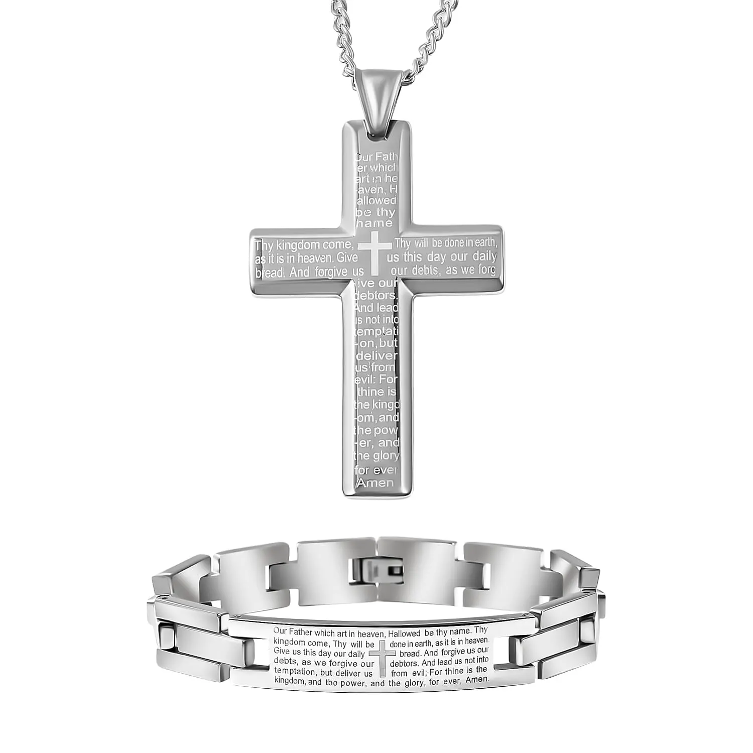 Lord's Prayer Bracelet 8.50 inch and Cross Pendant Necklace in Stainless Steel (24.00 In)
