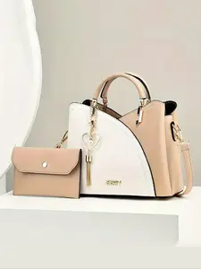 Elegant Women's Satchel Bag Set with Matching Wallet, PU Leather, Waterproof, Detachable Shoulder Strap, Classic Stripes