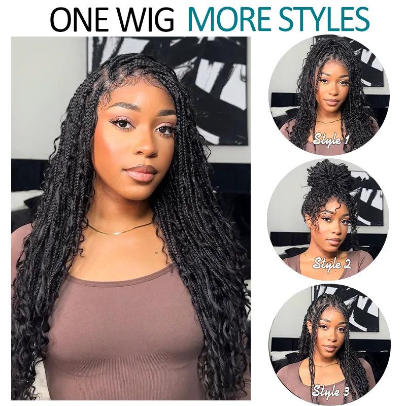 [26" Limited Offer] Ashimary Boho Knotless Box 26" Braided Wigs Full Double Lace Braid Wig for Black Women Lace Frontal Human Hair Blended Braided Wig with Boho Curls 360 Lace Front 428