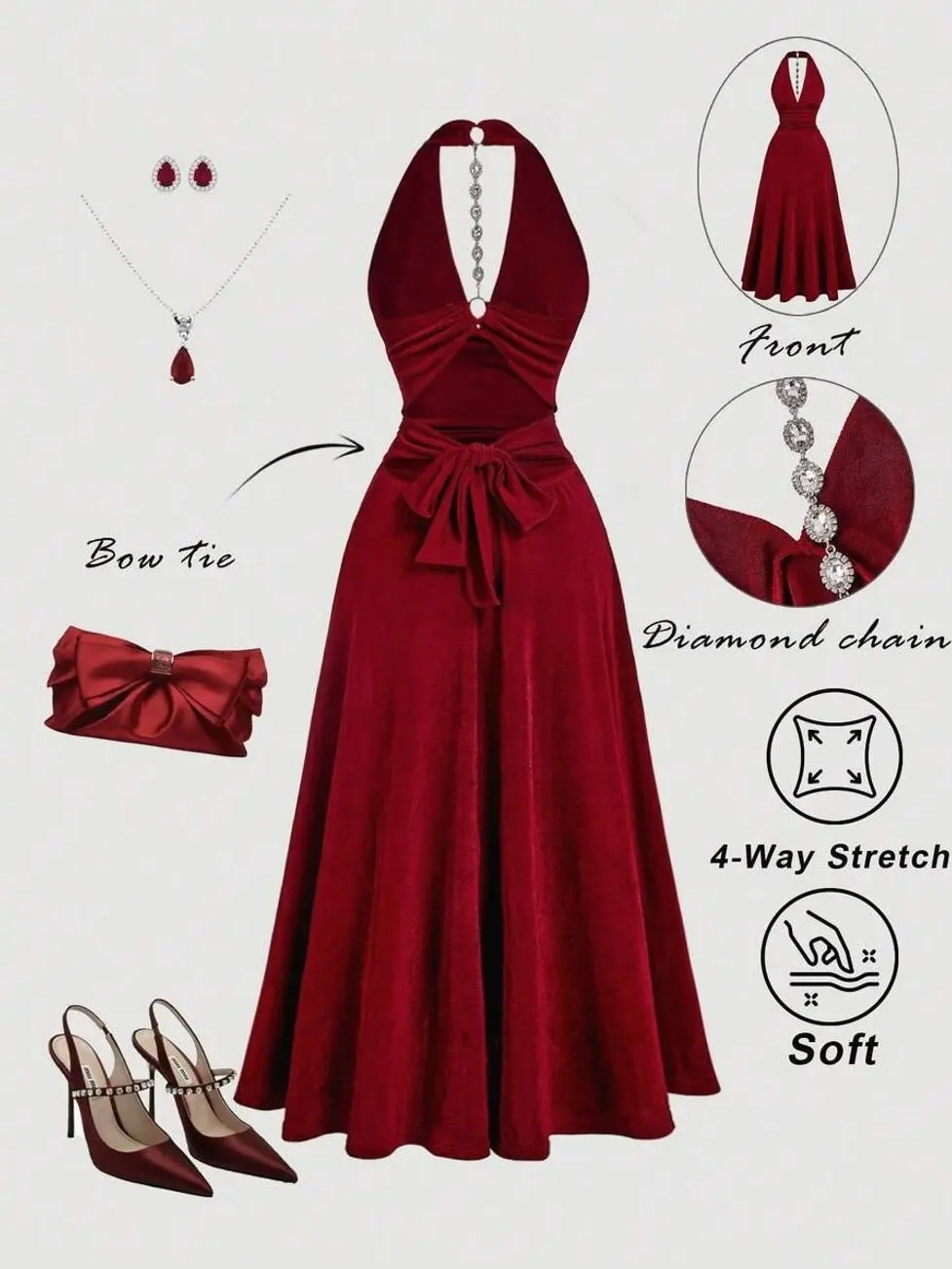 ❤️ Women's Burgundy Halter Midi Dress, Elegant Ruched Waist Bow Dress For Weddings, Graduation And Summer Parties.