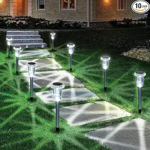 Solar Outdoor Lights, 10 Pack Waterproof Stainless Steel Solar Stake Lights for Pathway Garden Yard Path Walkway Driveway Lawn Decor - Cool White